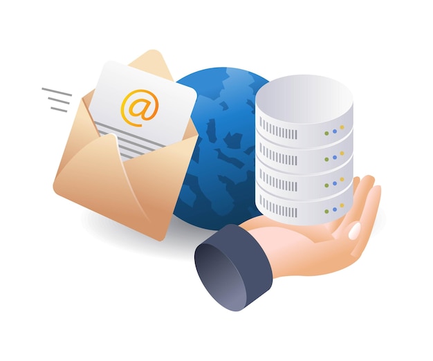 Base de datos de correo electrónico del mundo de Internet infográfico plano isométrico ilustración en 3D