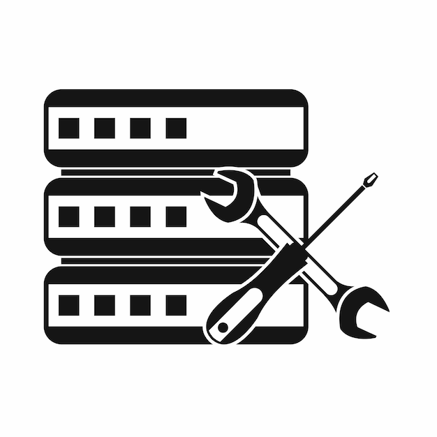 Base de datos con destornillador e icono de llave inglesa de forma sencilla en un fondo marrón