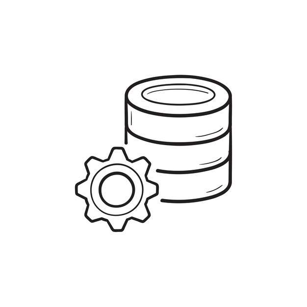 Base de datos con icono de doodle de contorno dibujado mano cog. Configuración del servidor de datos, concepto de configuración del servidor