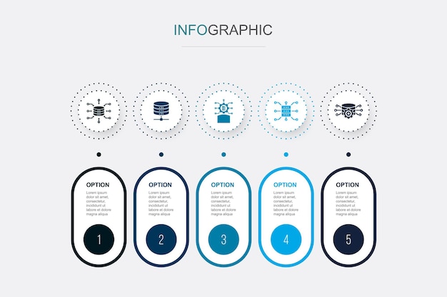 Base de datos de integración de datos científico de datos iconos de procesamiento de datos de almacenamiento de datos plantilla de diseño infográfico concepto creativo con 5 pasos