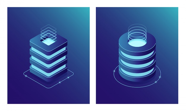Base de datos isométrica y centro de datos, rack de sala de servidores, computación en la nube y almacenamiento en la nube de archivos. Icono de dos web