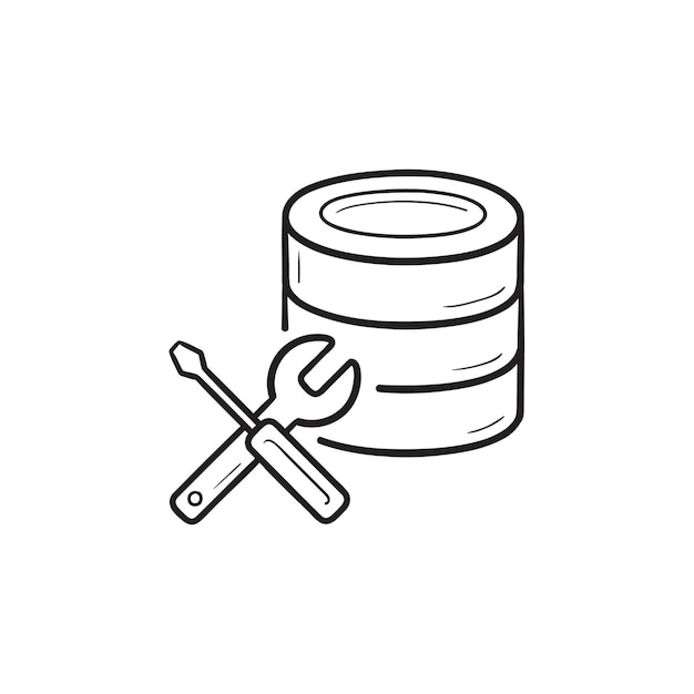 Base de datos con llave y destornillador icono de doodle de contorno dibujado a mano. Concepto de mantenimiento de base de datos