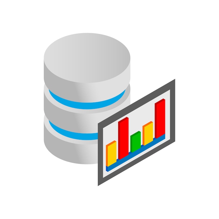 Vector base de datos y monitor de computadora con icono de gráfico en estilo isométrico 3d sobre un fondo blanco