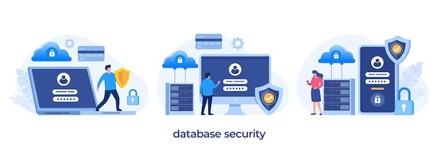 Base de datos y seguridad de datos personales, seguridad de datos cibernéticos, privacidad, plantilla de ilustración de concepto de diseño plano