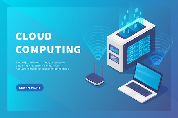 Base de datos del servidor de concepto de computación en la nube con laptop