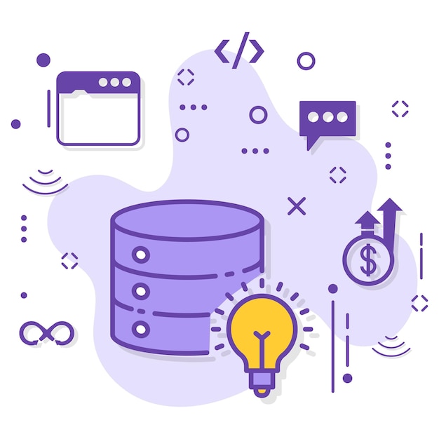Base de datos con signo de bombilla, base de datos con diseño de icono de vector de concepto de lámpara de luz, computación en la nube e Internet