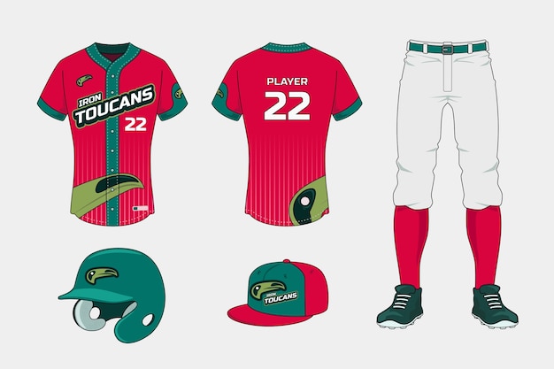 Baseball uniform set: jersey, pants, helmet, and cap