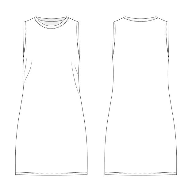 básico recto una línea cuello redondo cuello de la tripulación vestido sin mangas plantilla dibujo técnico boceto plano c