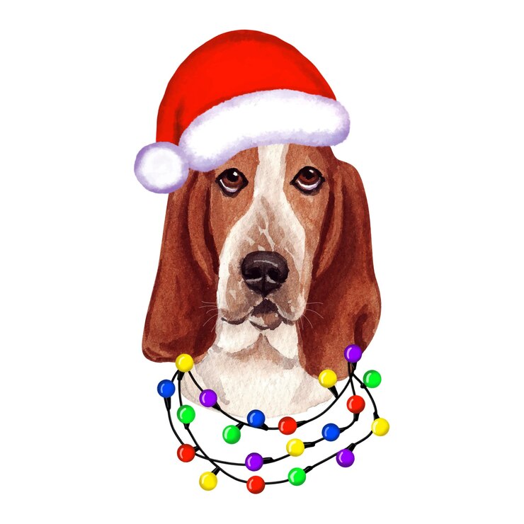 Vector basset hound perro con luces navideñas en el sombrero de papá noel. linda ilustración de cachorro de navidad.