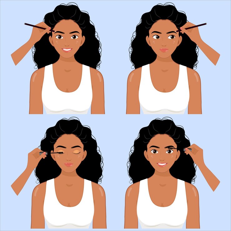 Bastante joven africana con cabello negro y piel oscura usando rímel y lápiz de cejas macho arriba