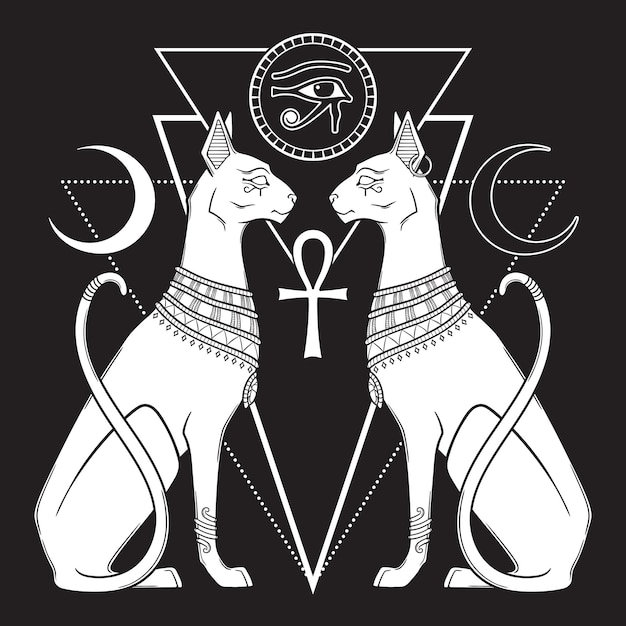 Bastet o Bast antigua diosa egipcia esfinge gato en estilo gótico ilustración vectorial dibujada a mano
