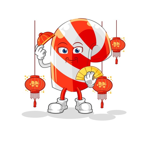 Bastón de caramelo chino con vector de caracteres de ilustración de linternas