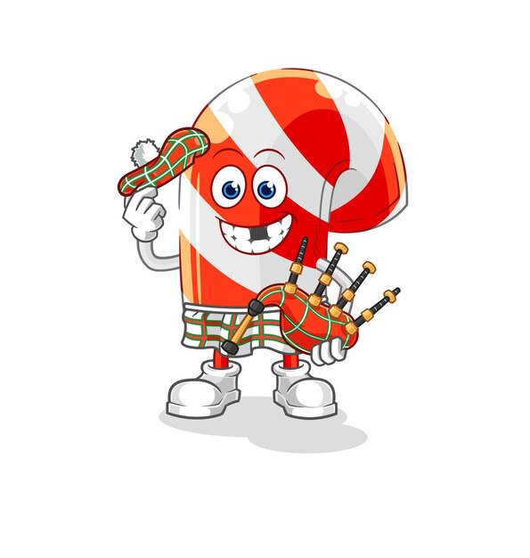 Bastón de caramelo escocés con personaje de dibujos animados de vector de gaitas