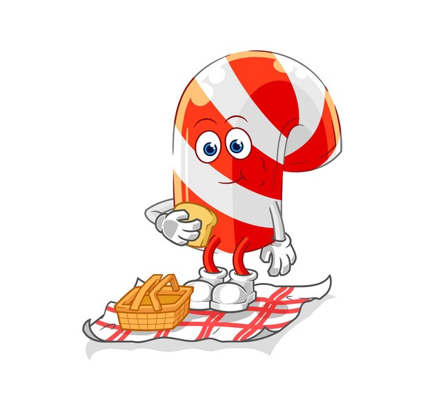 bastón de caramelo, en, un, picnic, caricatura, caricatura, mascota, vector