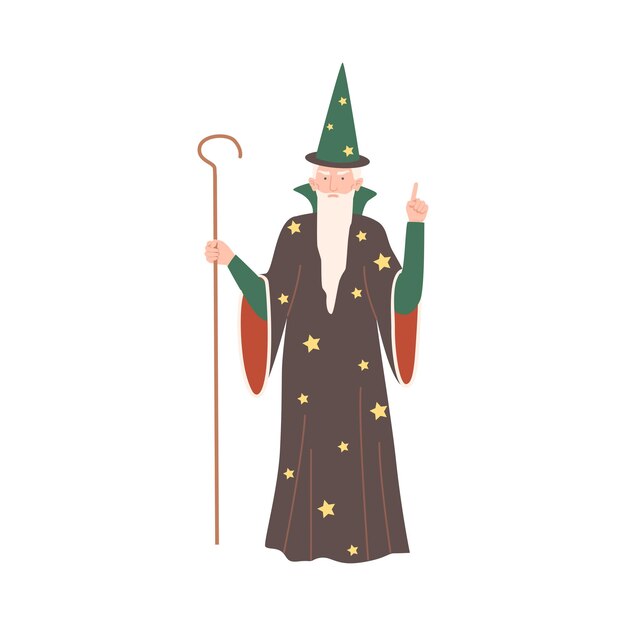 con bastón mágico y sombrero puntiagudo como fabuloso personaje medieval de Fairytale Vector Illustration