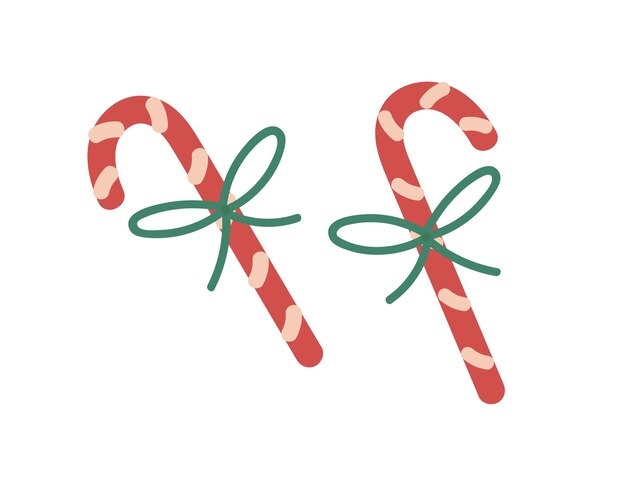 Los bastones de caramelo Navidad palos de menta dulce postre de Navidad dulces de vacaciones rayadas caramelo de caña con arco de cuerda bocadillo caramel de invierno Ilustración vectorial plana aislada sobre fondo blanco