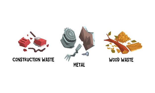 Basura con conjunto vectorial de residuos de construcción, metales y madera