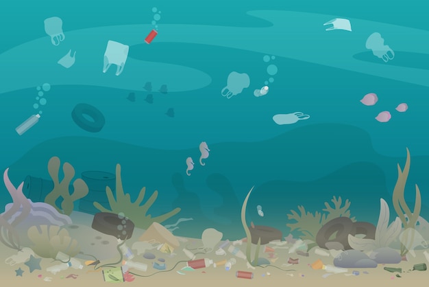 Vector basura de contaminación plástica bajo el mar con diferentes tipos de basura.