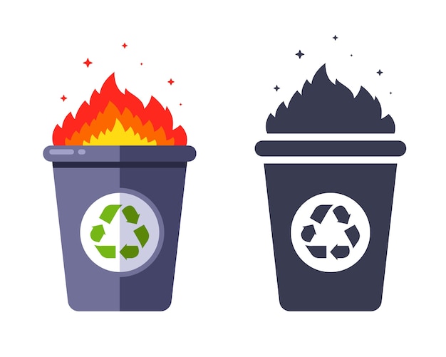 basura encendida en el bote de basura. incineración de residuos. ilustración plana.