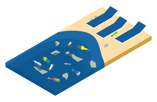 Basura en el mar y en la playa, concepto isométrico de contaminación oceánica