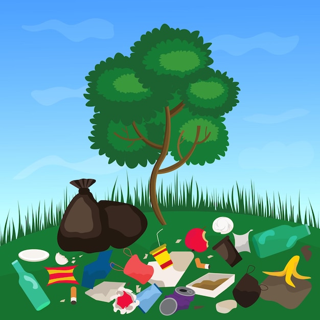 basura en el parque cerca del vector del árbol