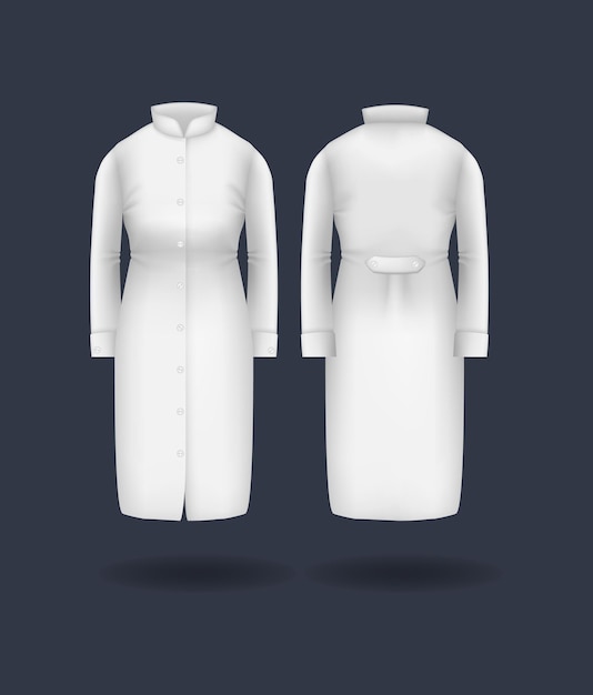 Bata médica de mujer, uniforme de laboratorio, ropa de laboratorio médico médico en vector de maqueta aislada de fondo transparente