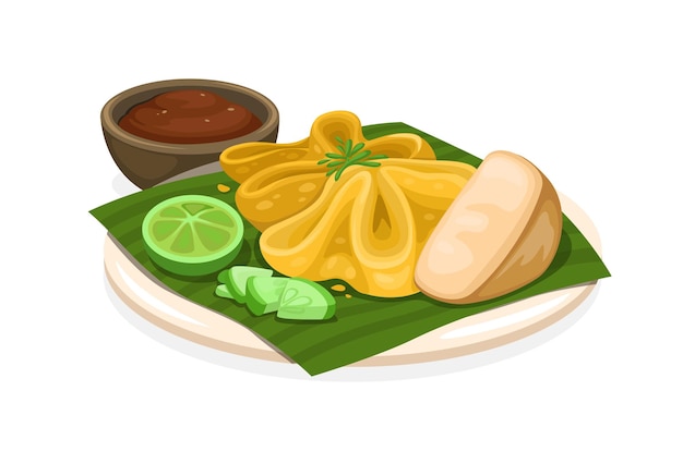 Batagor o dumpling frito es comida callejera tradicional del vector de ilustración de Bandung Indonesia