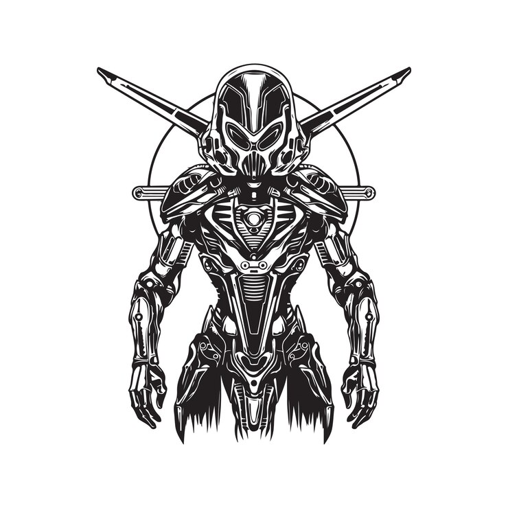 Vector batalla alienígena cibernético vintage logo línea arte concepto blanco y negro color dibujado a mano ilustración