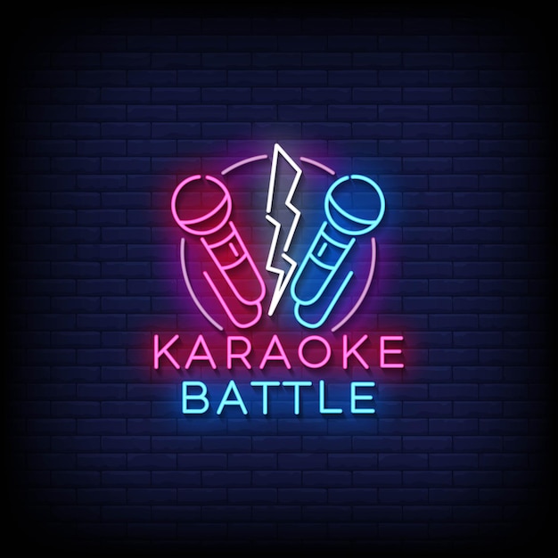 Batalla de karaoke de letrero de neón con vector de fondo de pared de ladrillo