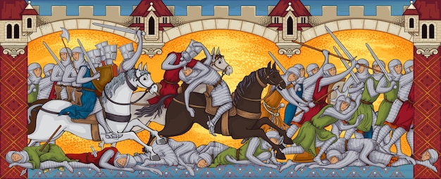 Batalla medieval, manuscrito antiguo, campo de batalla, ataque de caballeros, libro de estilo antiguo en miniatura.