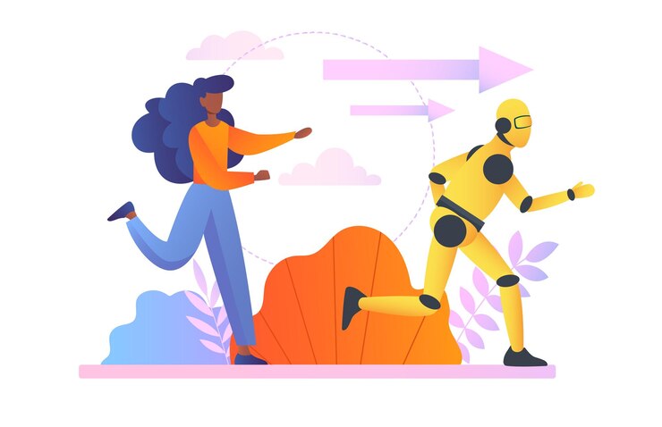 Vector batalla entre robot y concepto humano mujer compite con droide en velocidad de ejecución y artificial