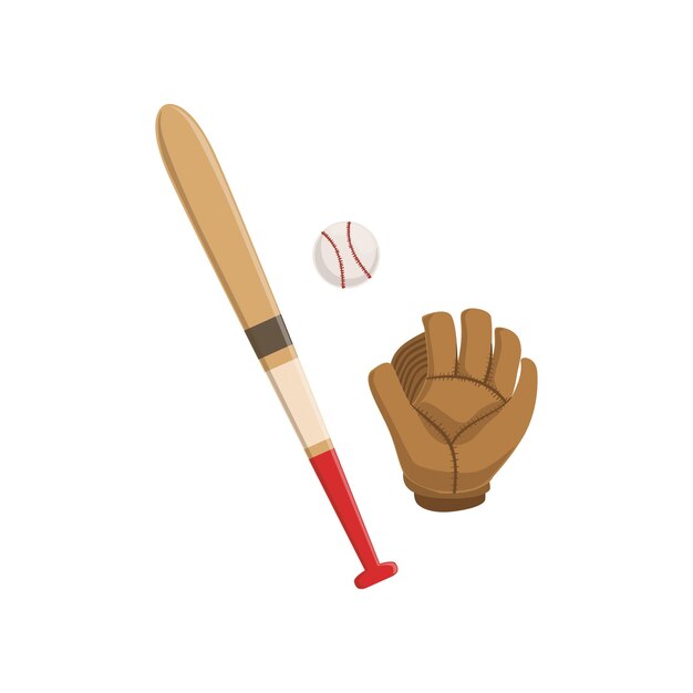 Bate de béisbol, guante y pelota, equipo de fútbol americano vector ilustración aislada sobre fondo blanco.