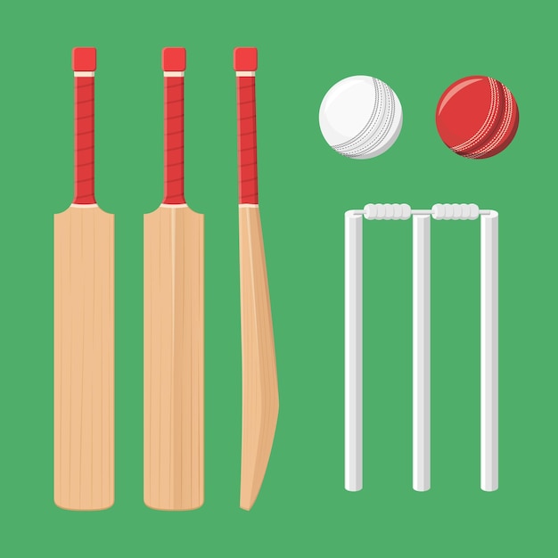 Vector bate de cricket bola blanca roja y wicket conjunto ilustración vectorial plana elementos de icono de equipo deportivo aislado