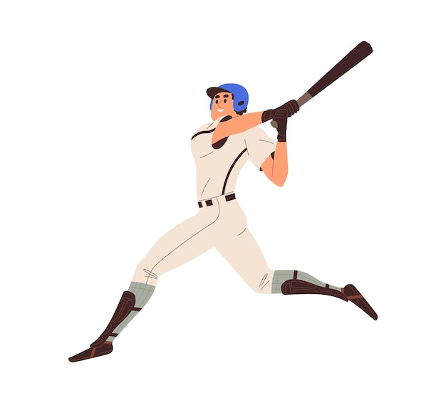 Bateador de béisbol balanceándose con bate, golpeando. Atleta feliz bateador en casco, uniforme jugando base ball. Jugador profesional de deportes. Ilustración de vector plano aislado sobre fondo blanco