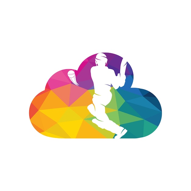 Bateador jugando logotipo de concepto de forma de nube de cricket