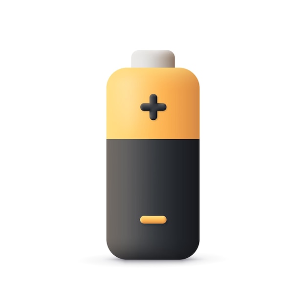 Batería alcalina con signo más y menos Acumulador de energía eléctrica Icono de vector 3d Estilo minimalista de dibujos animados