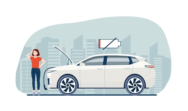 La batería del coche eléctrico se descarga y la mujer está pensando qué hacer Ilustración vectorial