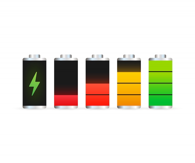 Vector batería descargada y totalmente cargada del teléfono inteligente. conjunto de indicadores de nivel de carga de batería. ilustración.