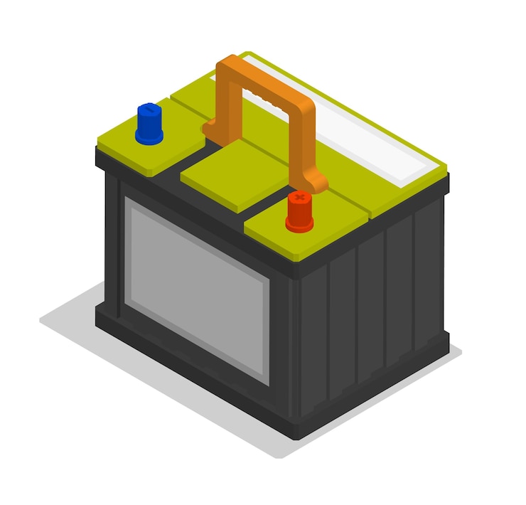 Vector batería isométrica para automóviles mantenimiento de la potencia de la batería mantenimiento en taller de reparación de automóviles 3d realista