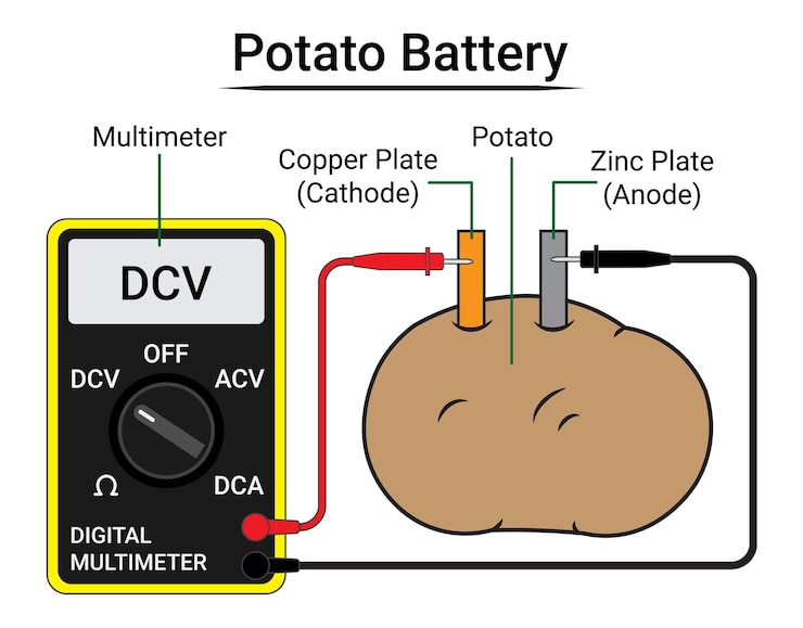 Vector batería de patata y multímetro