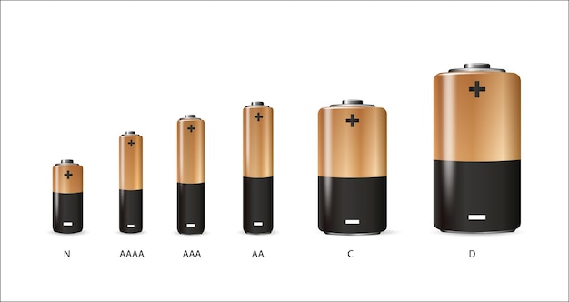 Baterías alcalinas conjunto realista diferentes tipos de baterías tamaño dc aa aaa aaaa v vector