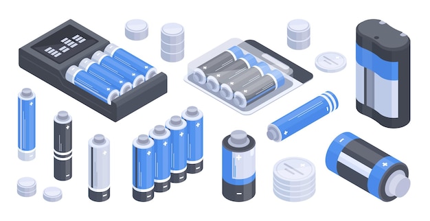 Baterías cargadas isométricamente Los acumuladores alcalinos alimentan elementos de electricidad ilustración vectorial plana sobre fondo blanco