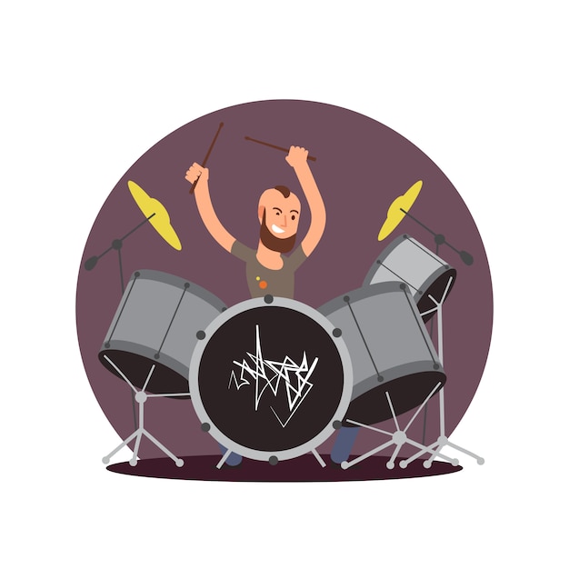 Vector baterista de personaje de dibujos animados. concepto de músico de vector plano