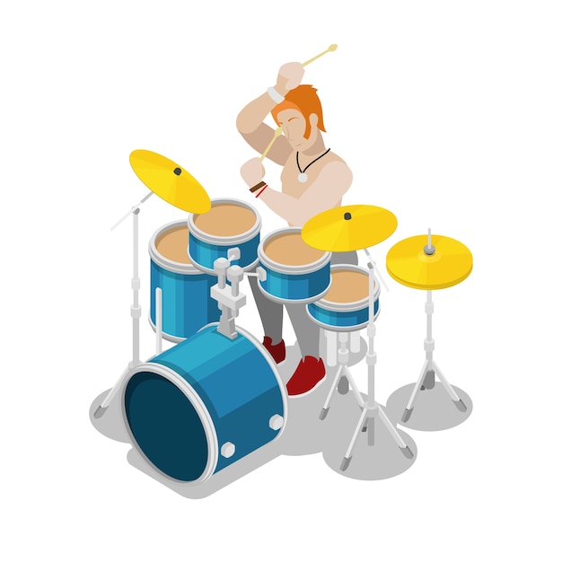 Baterista de rock isométrico tocando la batería. vector ilustración plana 3d