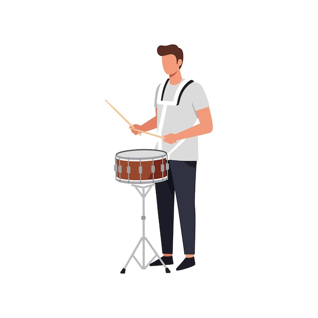 Un baterista tocando el tambor en una ilustración vectorial de diseño plano