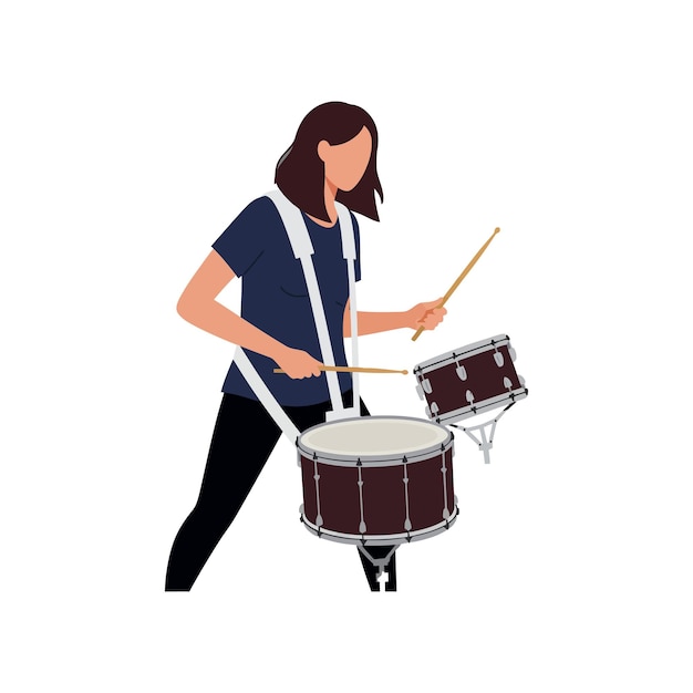 Un baterista tocando un tambor con palos en una ilustración vectorial plana