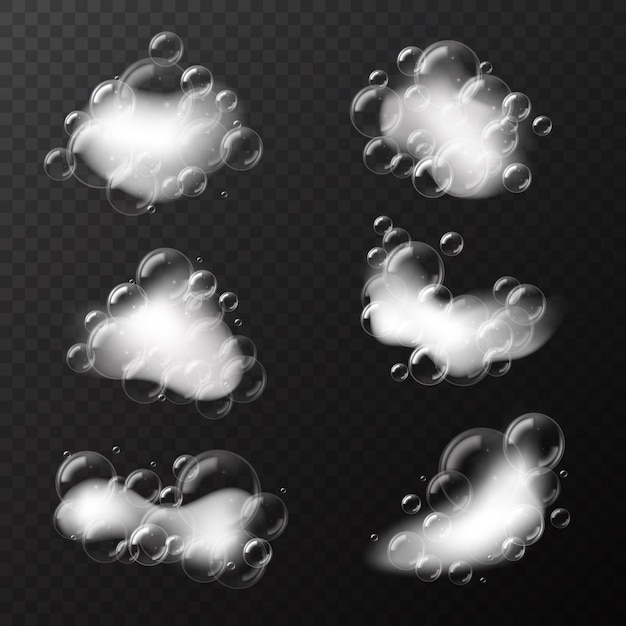Bath foam soap Realistic shampoo or shower gel white pieces with transparent 3d bubbles shaving foaming scraps wash substance cleaning agent or detergent Vector isolated on black background set