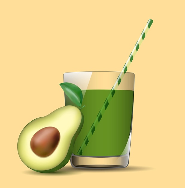 Batido de aguacate saludable y sabroso en un vaso transparente con pajita El vaso es transparente con cualquier fondo Bebida de fruta verde de verano Vector en formato eps10 sin efectos de trama