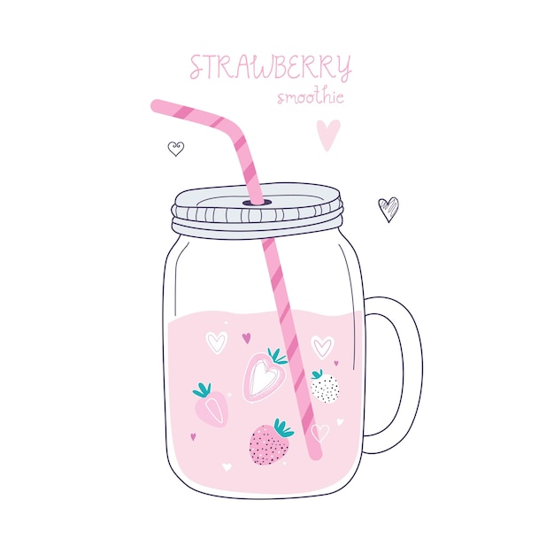 Batido de fresa de estilo moderno en un frasco. Ilustración de color pastel sobre fondo blanco.