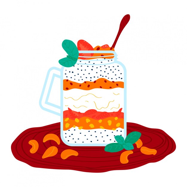 Batido de fresa mandarina crema, batidos saludables cóctel aislado en blanco, ilustración de dibujos animados. Alimentos puré de frutas.